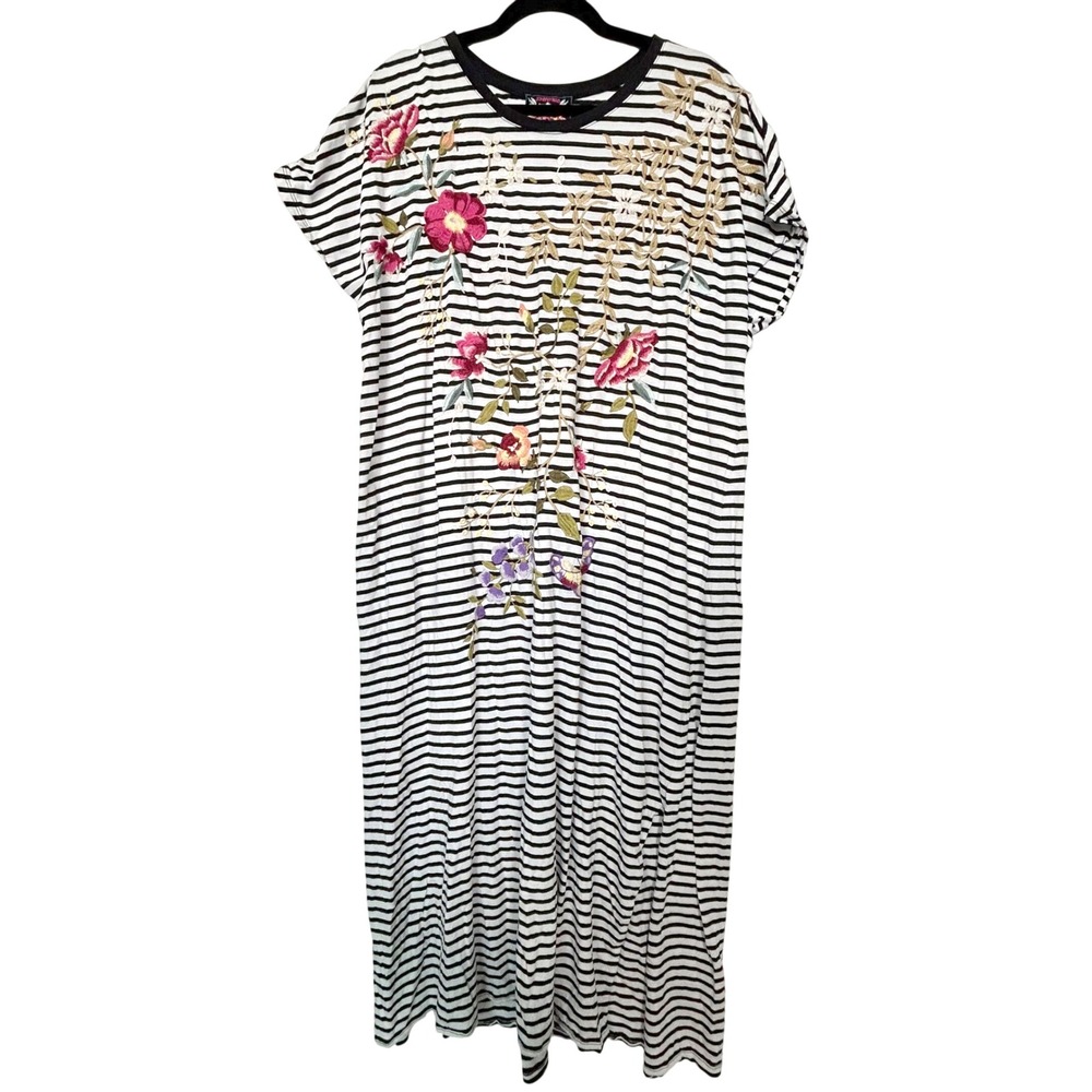 Johnny Was XL Osaka Striped embroidered Jersey cotton midi T-shirt dress floral
